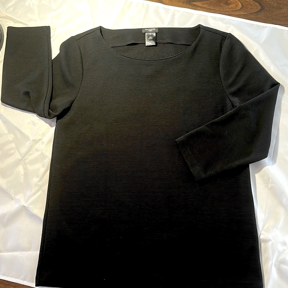 Ann Taylor petite medium MP black ribbed long sleeve blouse top